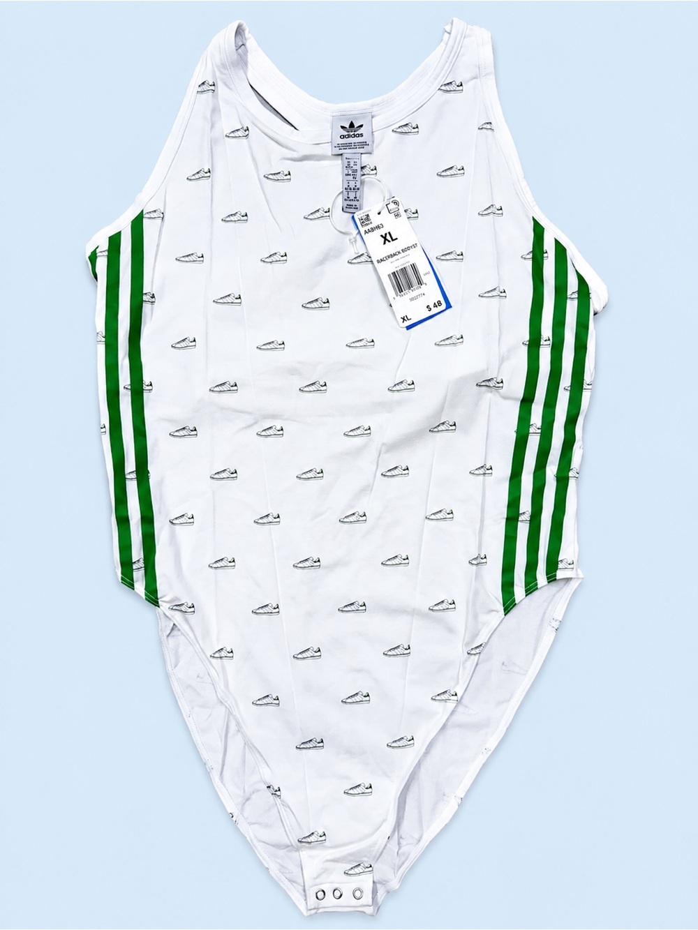 adidas Originals Racerback Bodysuit Women’s XL White Green Sneaker Print NWT